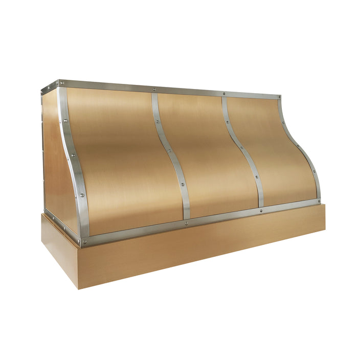 custom brushed brass ogee range hood with brushed stainless steel straps and rivets at range hood master