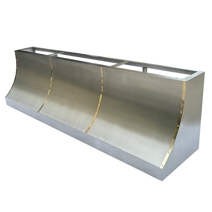 RHM Brushed Stainless Steel Kitchen Hood with Brass Bands 109"W x 30"H x 24"D With 60” Internal Motor (in-stock)