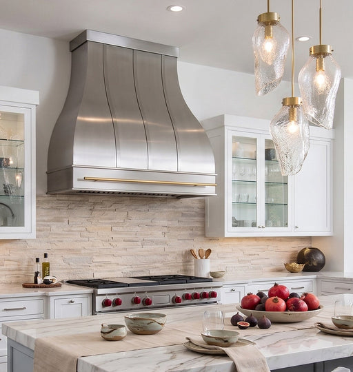 custom brushed stainless steel bell shaped modern range hood with straps and brass pot rack at rangehoodmaster