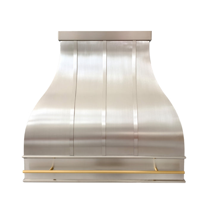 custom brushed stainless steel bell shaped modern range hood with straps and brass pot rack at rangehoodmaster