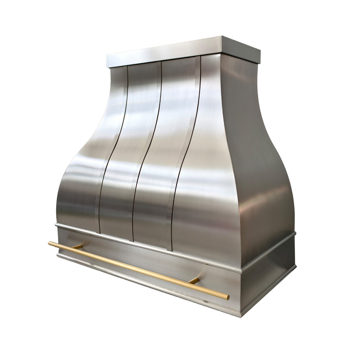 custom brushed stainless steel bell shaped modern range hood with straps and brass pot rack at rangehoodmaster
