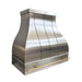custom brushed stainless steel bell shaped modern range hood with straps and brass pot rack at rangehoodmaster