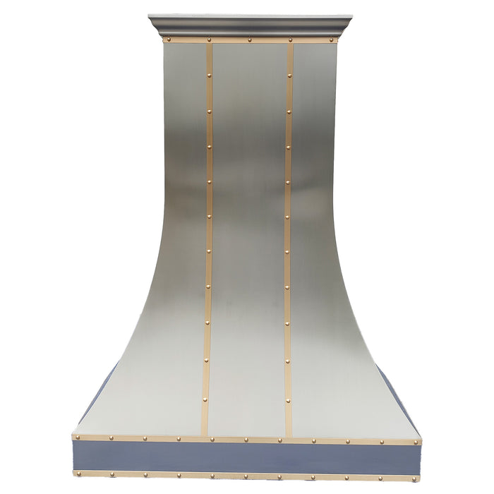 brushed stainless steel range hood custom design for high ceiling with brushed brass straps and crown molding at RangeHoodMaster