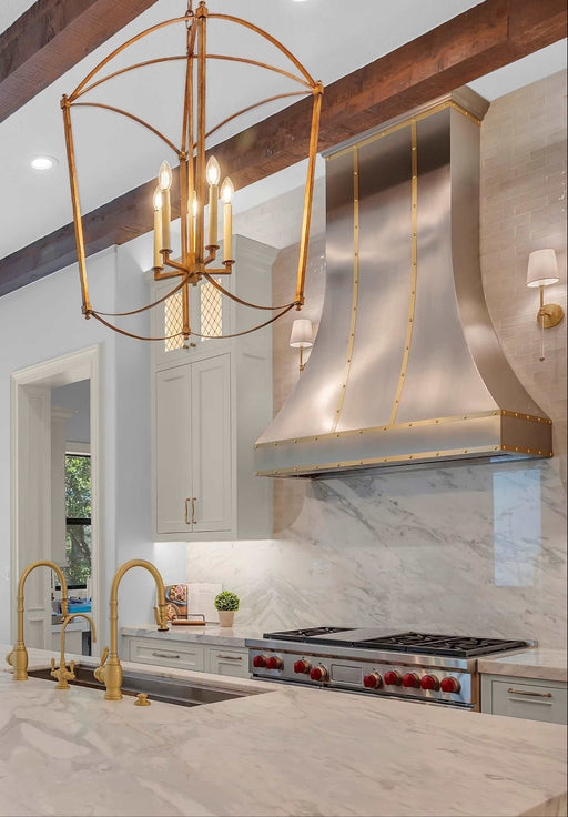 brushed stainless steel range hood custom design for high ceiling with brushed brass straps and crown molding at RangeHoodMaster