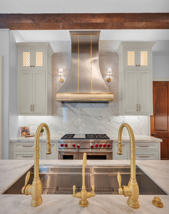 brushed stainless steel range hood custom design for high ceiling with brushed brass straps and crown molding at RangeHoodMaster