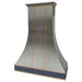 brushed stainless steel range hood custom design for high ceiling with brushed brass straps and crown molding at RangeHoodMaster