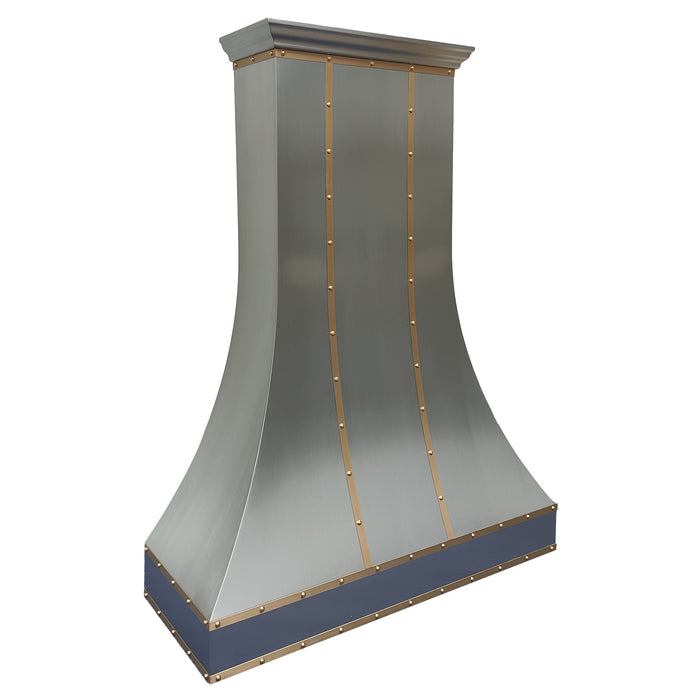 brushed stainless steel range hood custom design for high ceiling with brushed brass straps and crown molding at RangeHoodMaster