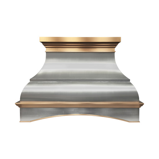 custom brushed stainless steel range hood with curved arch apron design and brushed brass crown molding handmade at rangehoodmaster