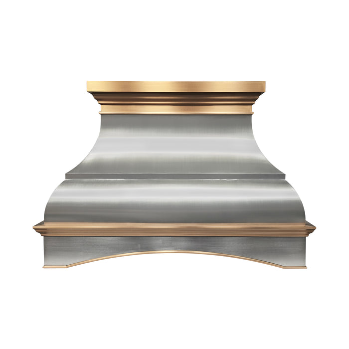 custom brushed stainless steel range hood with curved arch apron design and brushed brass crown molding handmade at rangehoodmaster