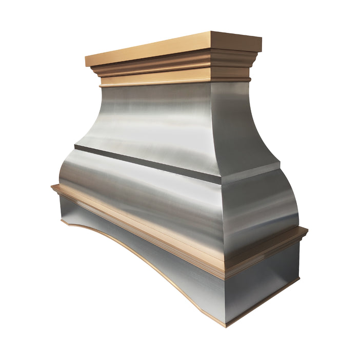 custom brushed stainless steel range hood with curved arch apron design and brushed brass crown molding handmade at rangehoodmaster