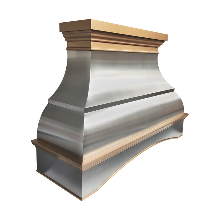 custom brushed stainless steel range hood with curved arch apron design and brushed brass crown molding handmade at rangehoodmaster