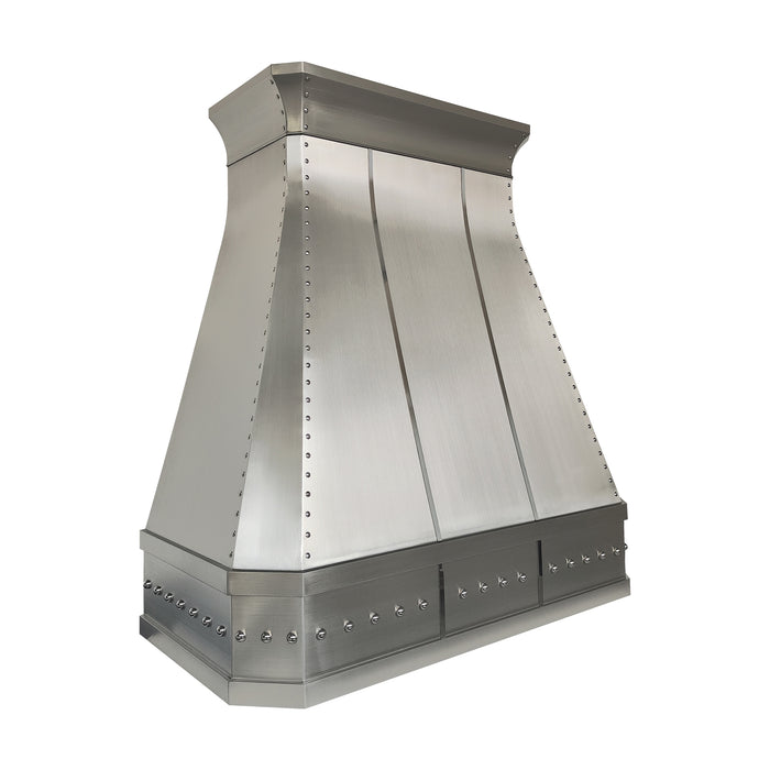 custom brushed stainless steel range hood with straps and rivets and clipped corners and crown molding at rangehoodmaster