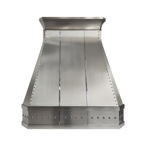 custom brushed stainless steel range hood with straps and rivets and clipped corners and crown molding at rangehoodmaster