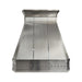 custom brushed stainless steel range hood with straps and rivets and clipped corners and crown molding at rangehoodmaster