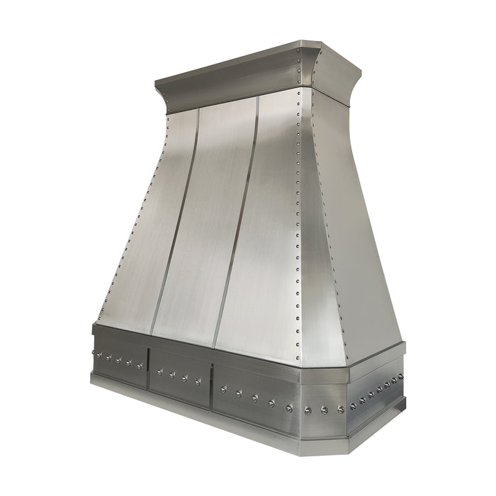 custom brushed stainless steel range hood with straps and rivets and clipped corners and crown molding at rangehoodmaster