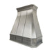 custom brushed stainless steel range hood with straps and rivets and clipped corners and crown molding at rangehoodmaster