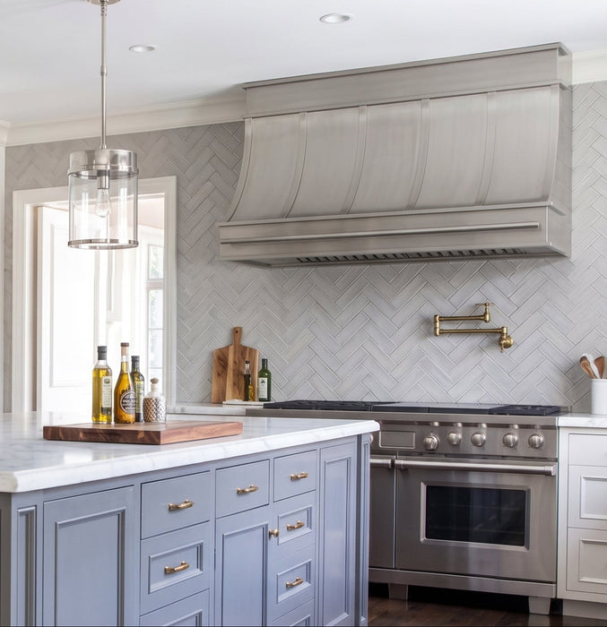custom brushed stainless steel kitchen range hood with brushed stainless steel straps and pot rail at rangehoodmaster