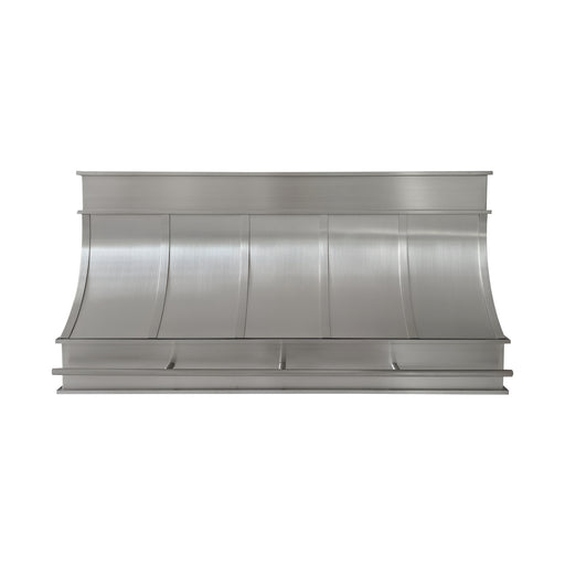 custom brushed stainless steel kitchen range hood with brushed stainless steel straps and pot rail at rangehoodmaster