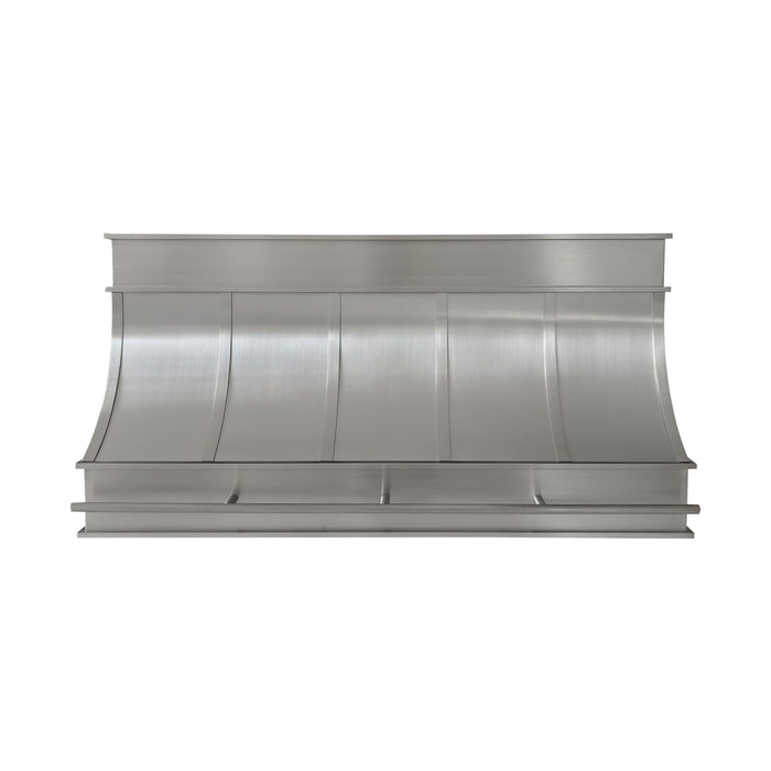 custom brushed stainless steel kitchen range hood with brushed stainless steel straps and pot rail at rangehoodmaster
