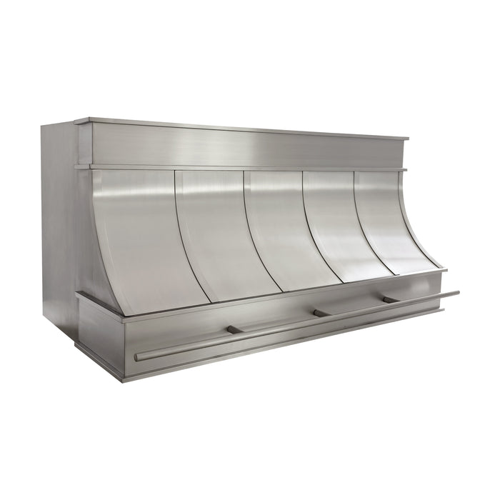 custom brushed stainless steel kitchen range hood with brushed stainless steel straps and pot rail at rangehoodmaster