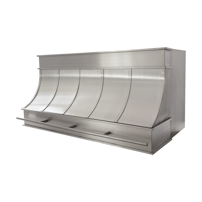 custom brushed stainless steel kitchen range hood with brushed stainless steel straps and pot rail at rangehoodmaster