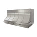 custom brushed stainless steel kitchen range hood with brushed stainless steel straps and pot rail at rangehoodmaster