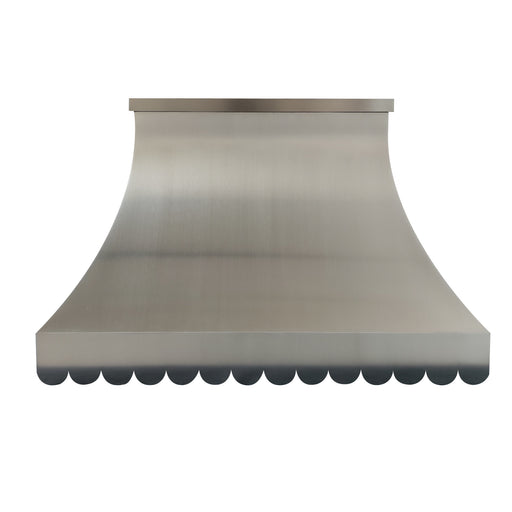 Brushed stainless steel range hood with scalloped apron and flat crown molding at rangehoodmaster