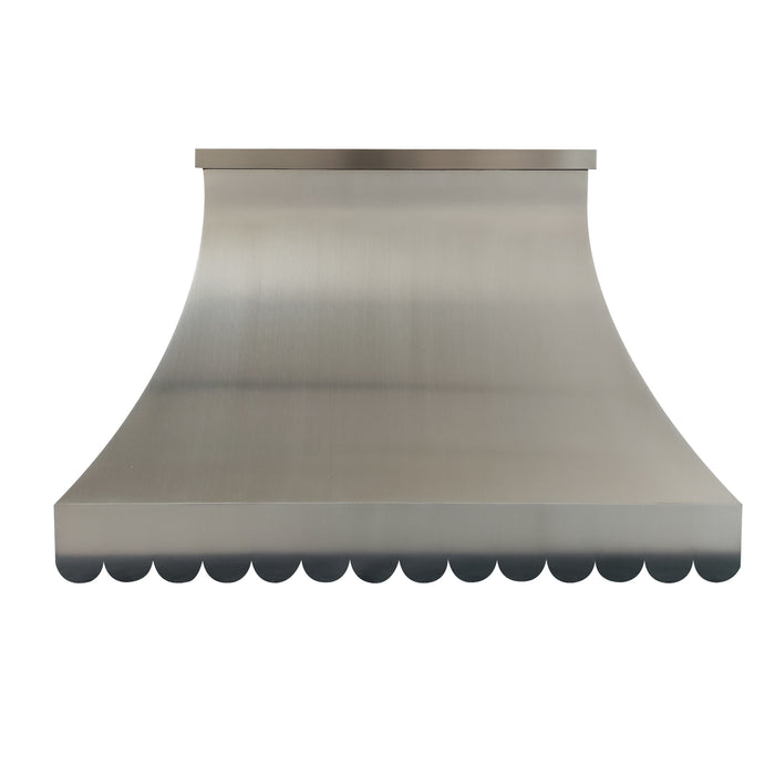 Brushed stainless steel range hood with scalloped apron and flat crown molding at rangehoodmaster