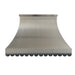 Brushed stainless steel range hood with scalloped apron and flat crown molding at rangehoodmaster