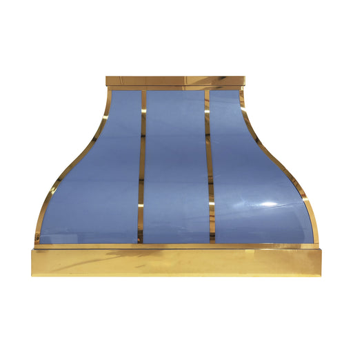 Custom California Seashore Blue range hood with polished brass trim in a luxury coastal kitchen