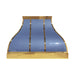 Custom California Seashore Blue range hood with polished brass trim in a luxury coastal kitchen