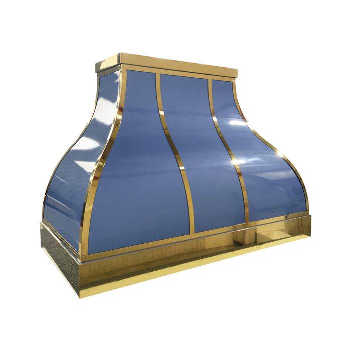 Custom California Seashore Blue range hood with polished brass trim in a luxury coastal kitchen