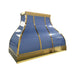 Custom California Seashore Blue range hood with polished brass trim in a luxury coastal kitchen