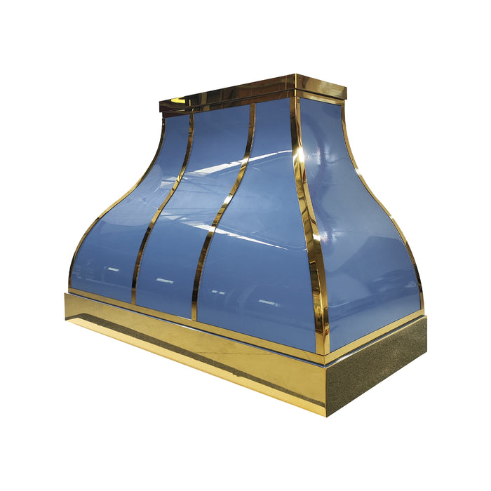 Custom California Seashore Blue range hood with polished brass trim in a luxury coastal kitchen