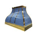 Custom California Seashore Blue range hood with polished brass trim in a luxury coastal kitchen