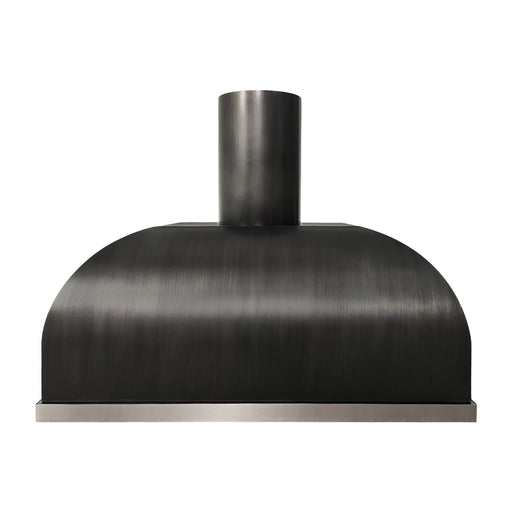 custom chimney design range hood with round duct cover in brushed gray stainless steel body finish and brushed stainless steel apron at rangehoodmaster