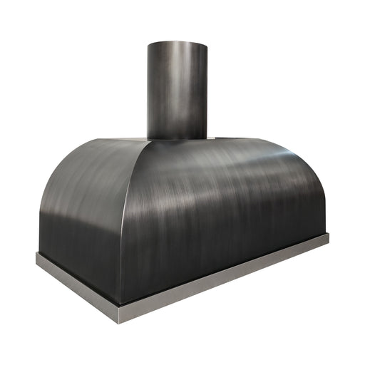 custom chimney design range hood with round duct cover in brushed gray stainless steel body finish and brushed stainless steel apron at rangehoodmaster