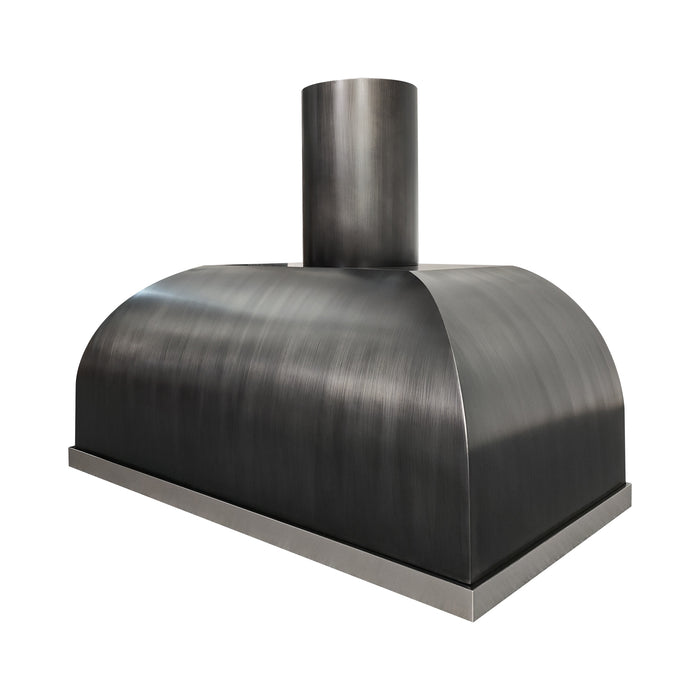 custom chimney design range hood with round duct cover in brushed gray stainless steel body finish and brushed stainless steel apron at rangehoodmaster