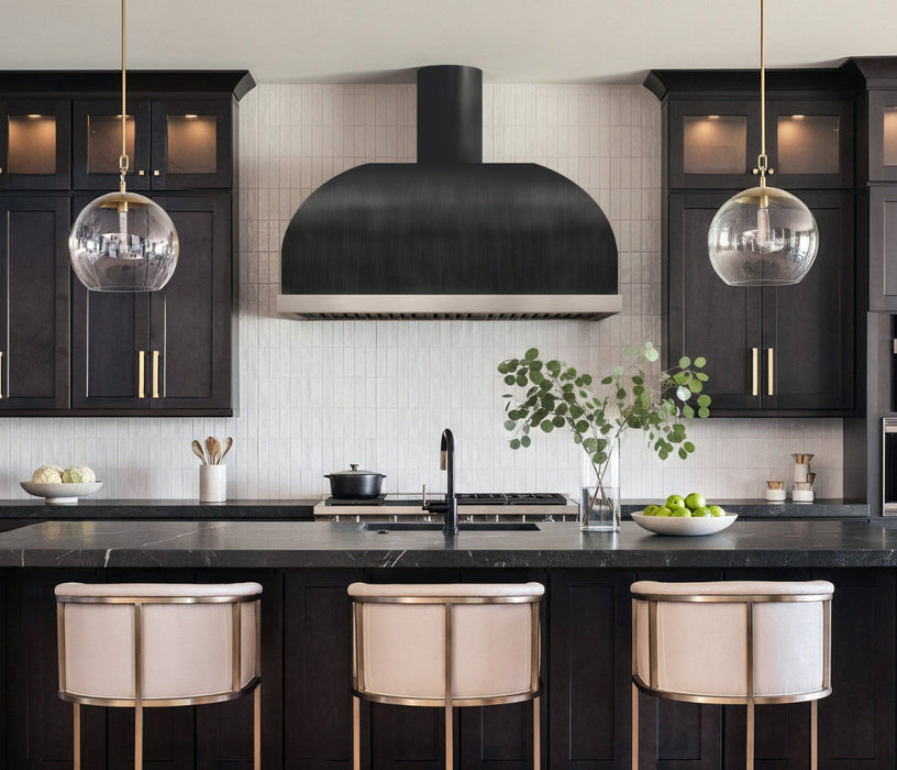 custom chimney design range hood with round duct cover in brushed gray stainless steel body finish and brushed stainless steel apron at rangehoodmaster