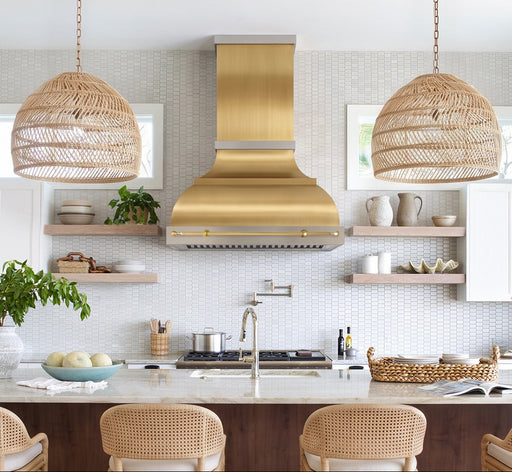 custom chimney stype brass range hood with brushed stainless steel straps and brushed brass pot rail at Range Hood Master