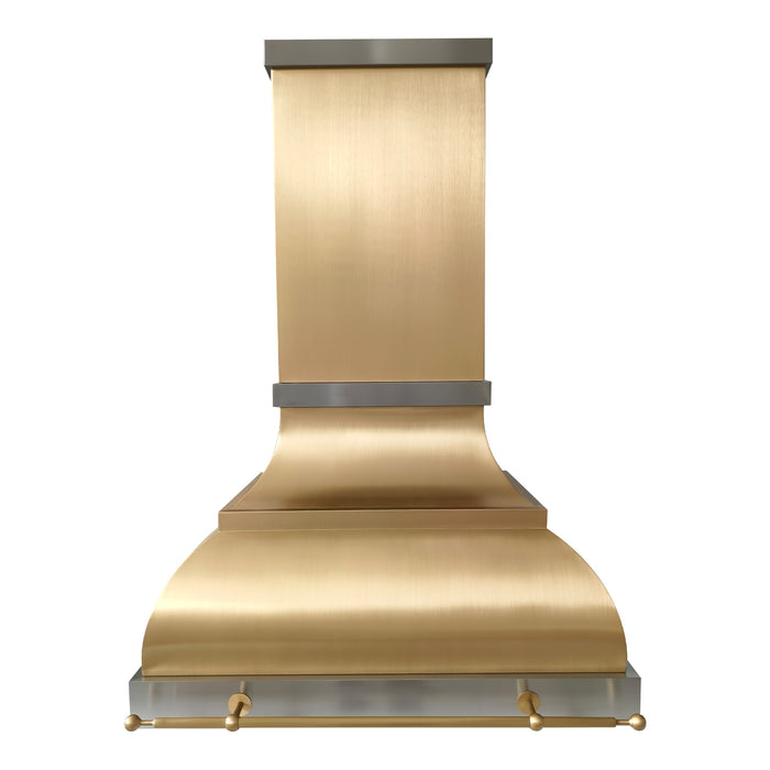 custom chimney stype brass range hood with brushed stainless steel straps and brushed brass pot rail at Range Hood Master