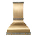 custom chimney stype brass range hood with brushed stainless steel straps and brushed brass pot rail at Range Hood Master