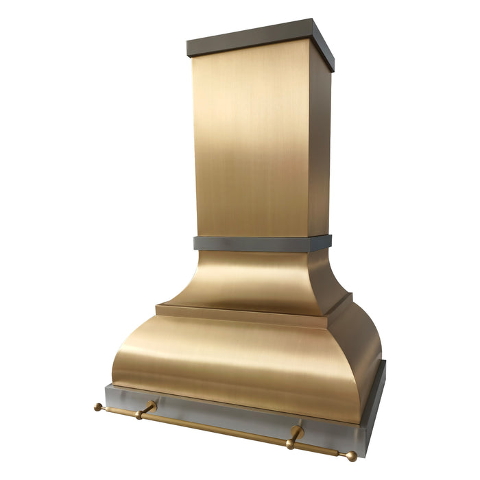 custom chimney stype brass range hood with brushed stainless steel straps and brushed brass pot rail at Range Hood Master