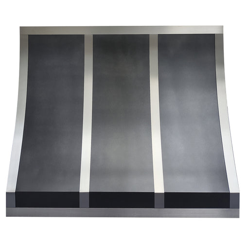 antique zinc kitchen hood classic sloped design with brushed stainless steel straps at RangeHoodMaster