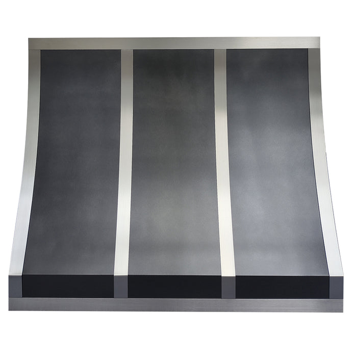 antique zinc kitchen hood classic sloped design with brushed stainless steel straps at RangeHoodMaster