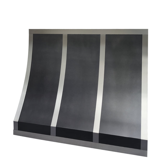 antique zinc kitchen hood classic sloped design with brushed stainless steel straps at RangeHoodMaster