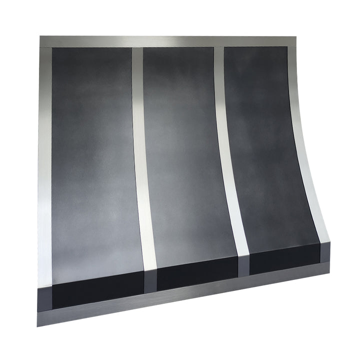 antique zinc kitchen hood classic sloped design with brushed stainless steel straps at RangeHoodMaster