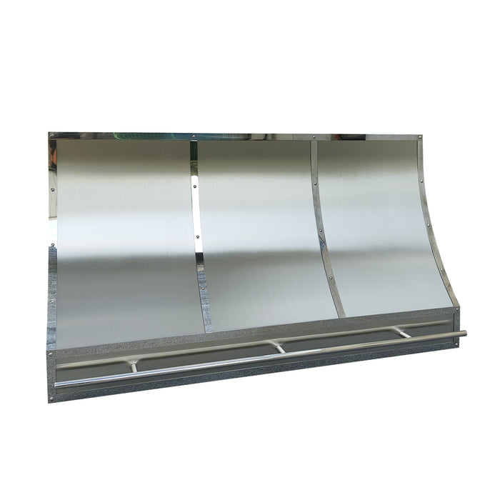 rangehoodmaster brushed stainless steel classic sloped shape with polished stainless steel mirror like straps & rivets & pot rail tailored for New York homes