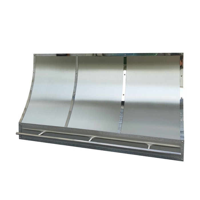 rangehoodmaster brushed stainless steel classic sloped shape with polished stainless steel mirror like straps & rivets & pot rail tailored for New York homes