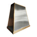 Classic tapered stainless steel custom range hood with brushed brass apron and edge trim by Range Hood Master for luxury kitchens.